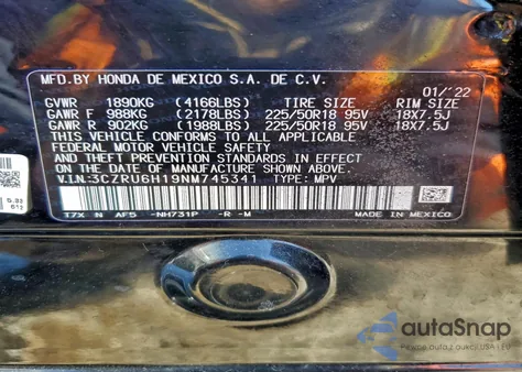 2022 Honda Hr-V Sport z USA, uszkodzony, nr VIN 3CZRU6H19NM745341